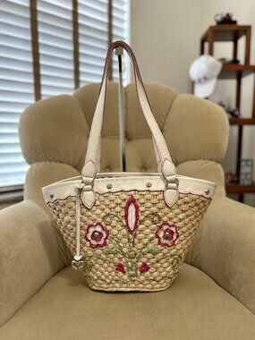 NEW Auth. BRIGHTON Artfully Floral Embroidered Woven Straw Satchel Tote Bag